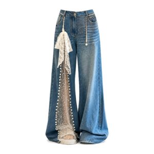 Damskie jeansy baggy z siateczką– streetwear  z kowbojskim twistem - Niebieski, S.
