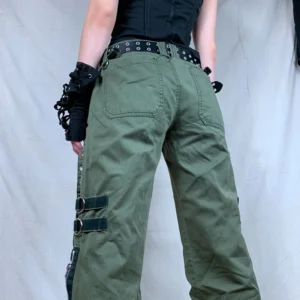 Zielone jeansy damskie cargo z niskim stanem, z nadrukiem, w stylu Y2K