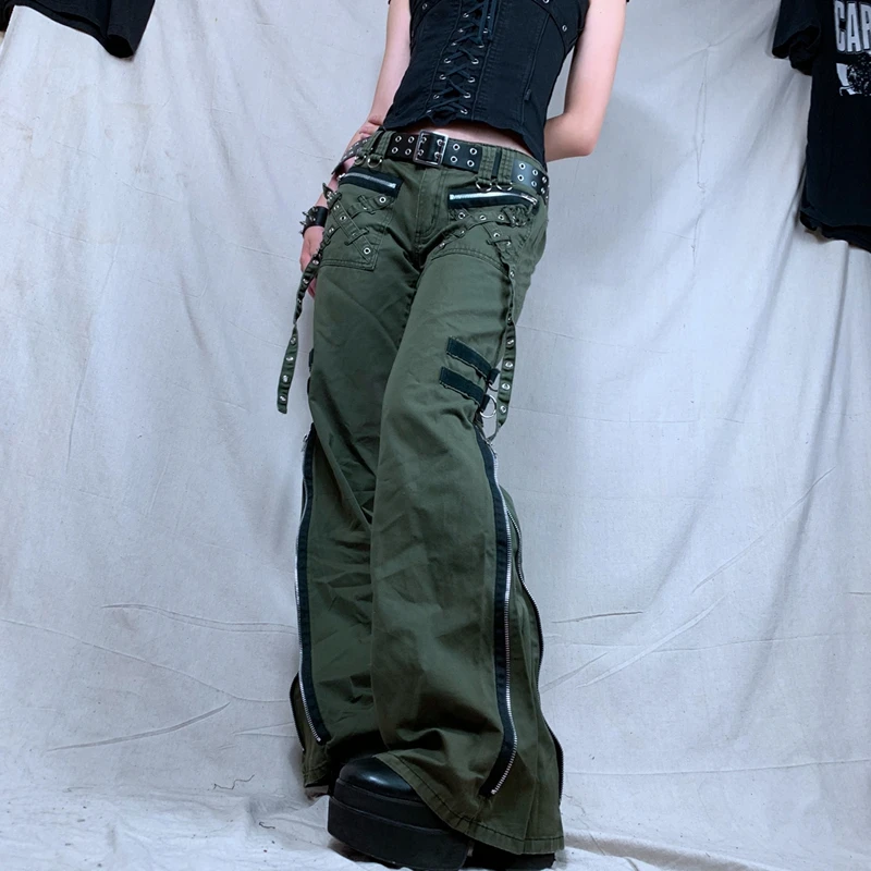 Zielone jeansy damskie cargo z niskim stanem, z nadrukiem, w stylu Y2K