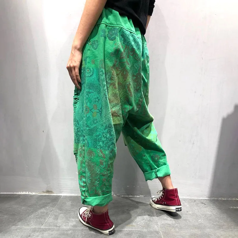 Jeansy damskie baggy z elastycznego denimu, z przetarciami, patchworkowe