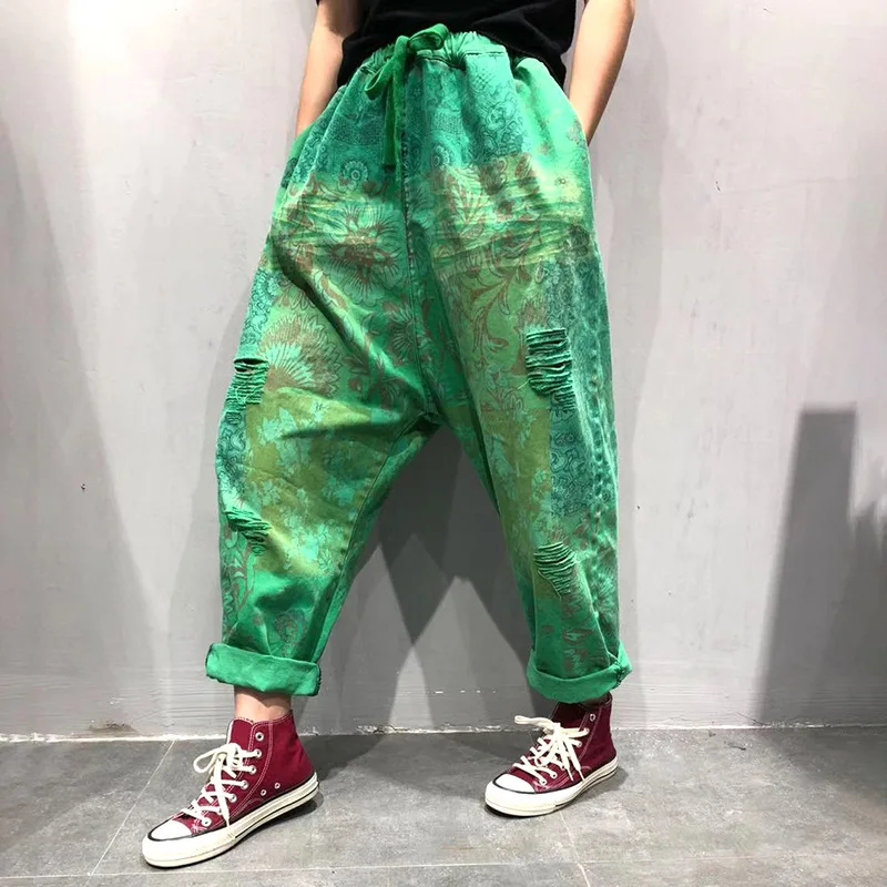 Jeansy damskie baggy z elastycznego denimu, z przetarciami, patchworkowe