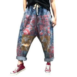 Jeansy damskie baggy z elastycznego denimu, z przetarciami, patchworkowe