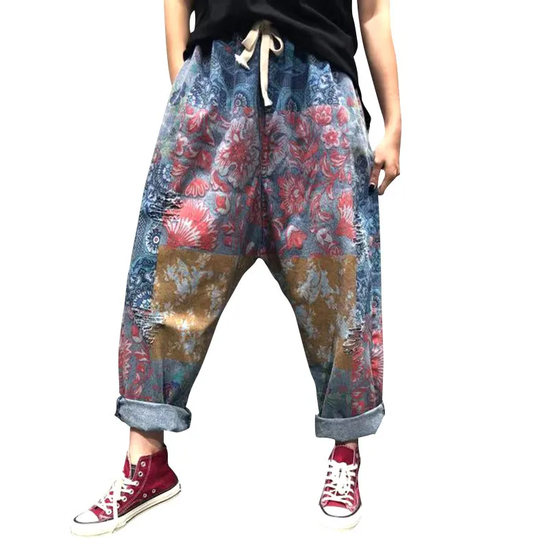 Jeansy damskie baggy z elastycznego denimu, z przetarciami, patchworkowe