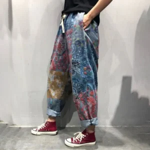 Jeansy damskie baggy z elastycznego denimu, z przetarciami, patchworkowe