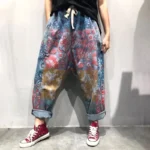 Jeansy damskie baggy z elastycznego denimu, z przetarciami, patchworkowe