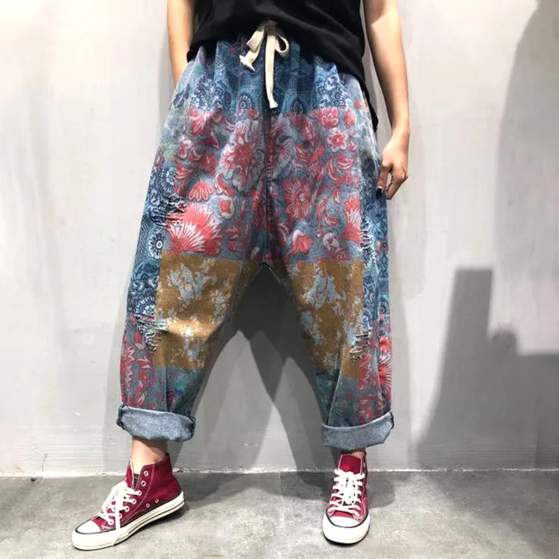 Jeansy damskie baggy z elastycznego denimu, z przetarciami, patchworkowe