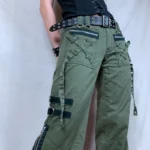 Zielone jeansy damskie cargo z niskim stanem, z nadrukiem, w stylu Y2K