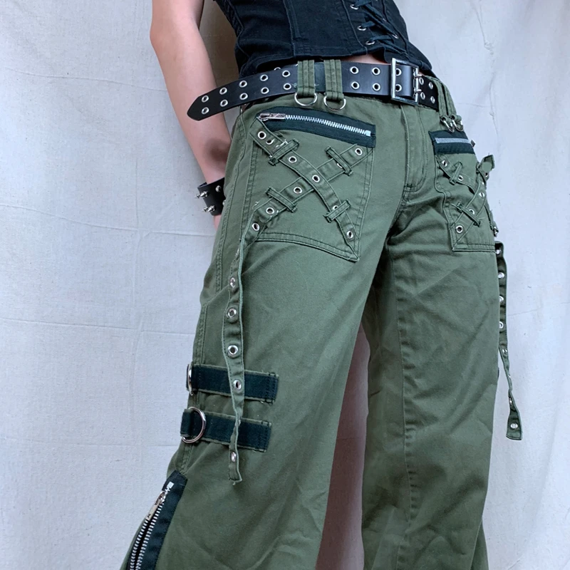 Zielone jeansy damskie cargo z niskim stanem, z nadrukiem, w stylu Y2K