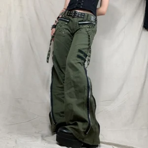 Zielone jeansy damskie cargo z niskim stanem, z nadrukiem, w stylu Y2K