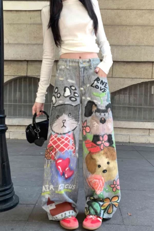 Jeansy damskie baggy z nadrukiem graffiti i motywem ust - ujęcie produktu