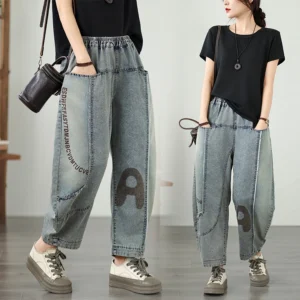 Jeansy damskie baggy plus size, z elastycznego denimu, z nadrukiem