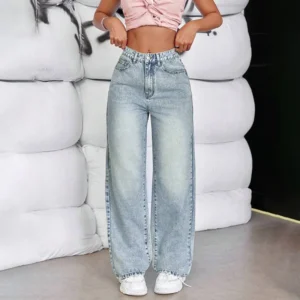 Różowe jeansy damskie wide leg z wysokim stanem, w stylu retro