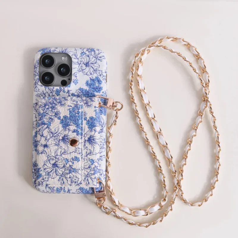 Etui na telefon z portfelem na karty, z paskiem, z lusterkiem, skórzane