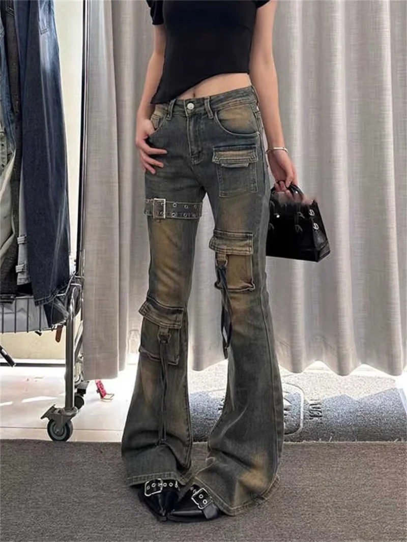 Jeansy damskie cargo z wysokim stanem, z elastycznego denimu, w stylu Y2K