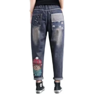 Jeansy damskie baggy z elastycznego denimu, z haftem, w stylu retro