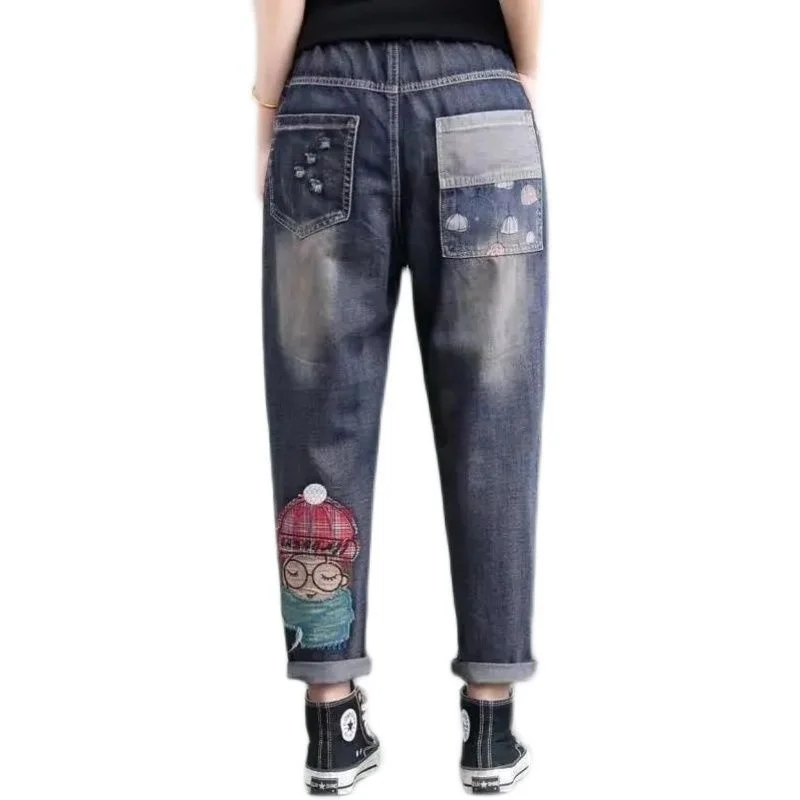 Jeansy damskie baggy z elastycznego denimu, z haftem, w stylu retro
