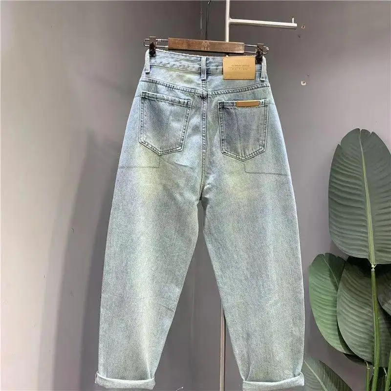Jeansy damskie baggy plus size, z haftem, z przetarciami, w stylu retro