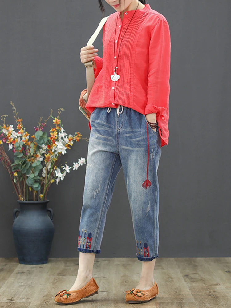 Jeansy damskie baggy z elastycznego denimu, z haftem, w stylu grunge