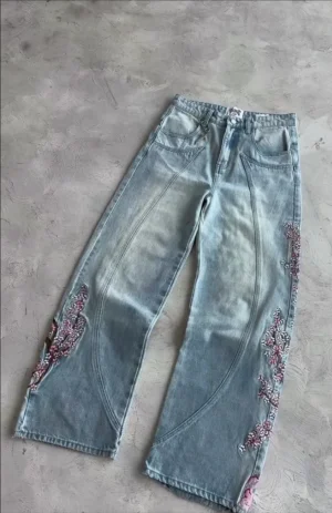 Niebieskie jeansy damskie baggy z haftem, z kwiatowym wzorem, w stylu Y2K