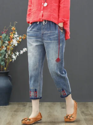 Jeansy damskie baggy z elastycznego denimu, z haftem, w stylu grunge