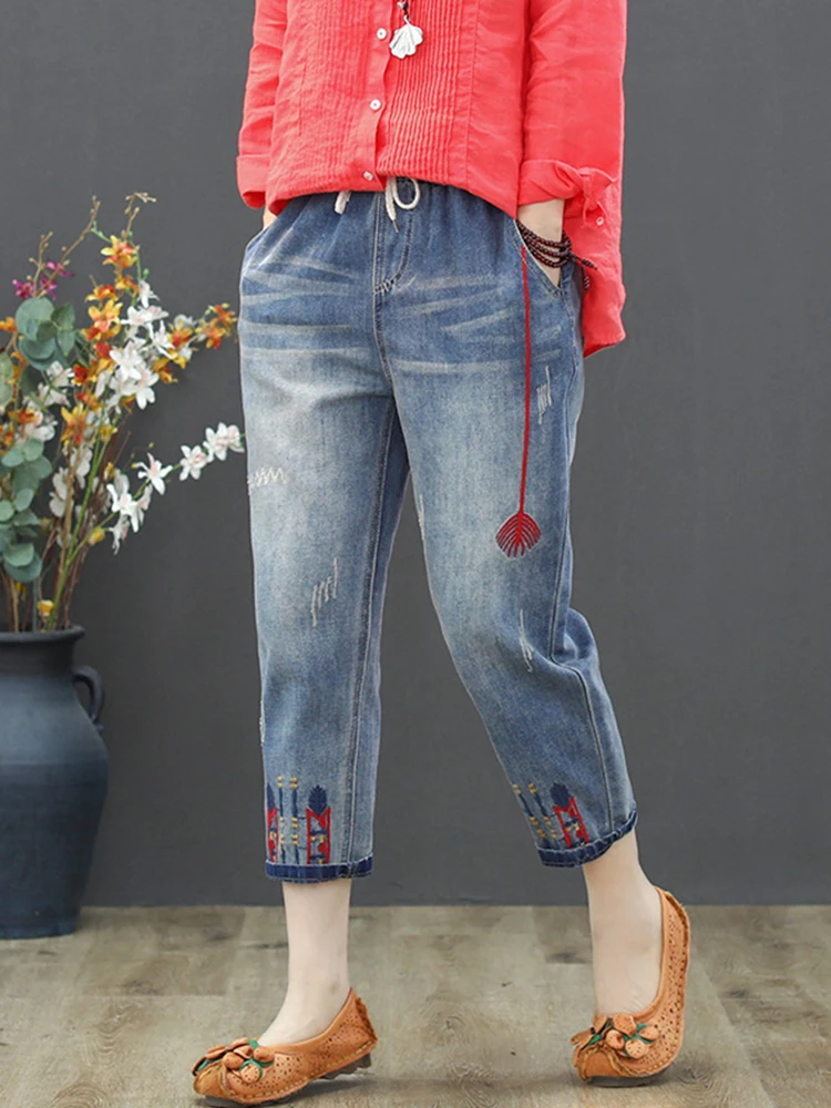 Jeansy damskie baggy z elastycznego denimu, z haftem, w stylu grunge