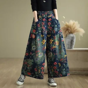 Jeansy damskie baggy plus size, z elastycznego denimu, z kwiatowym wzorem