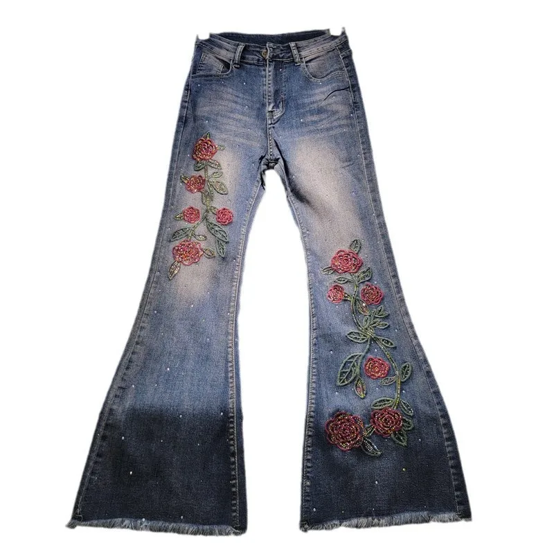 Jeansy damskie flare z haftem, w stylu retro