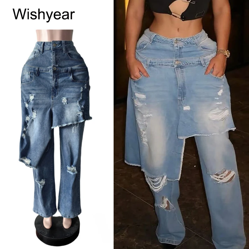 Niebieskie jeansy damskie wide leg z elastycznego denimu, z przetarciami