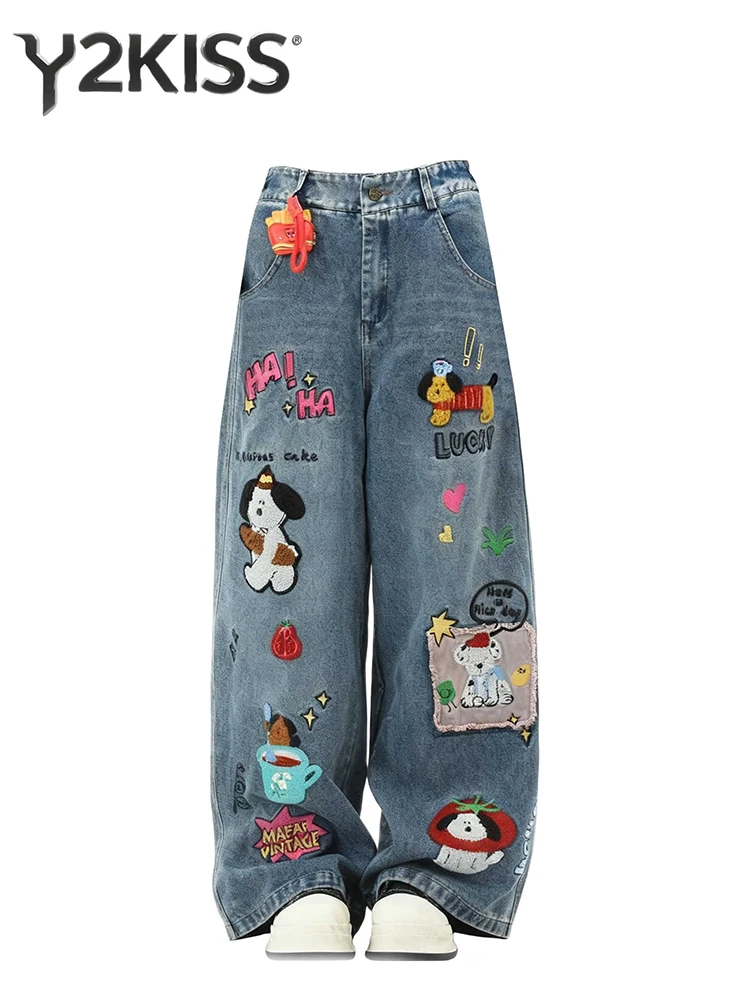 Jeansy damskie baggy z haftem, z nadrukiem, w stylu Y2K