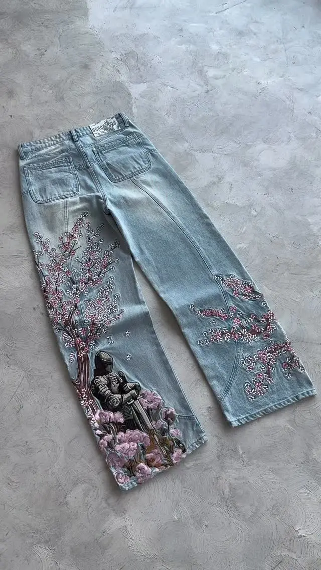 Niebieskie jeansy damskie baggy z haftem, z kwiatowym wzorem, w stylu Y2K