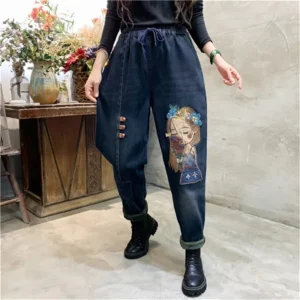 Jeansy damskie baggy z elastycznego denimu, z haftem, z kieszeniami