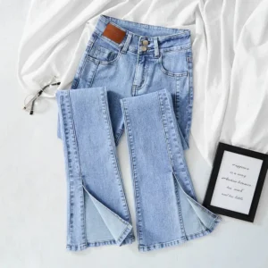 Jeansy damskie flare z wysokim stanem, w stylu retro