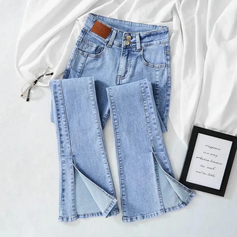 Jeansy damskie flare z wysokim stanem, w stylu retro