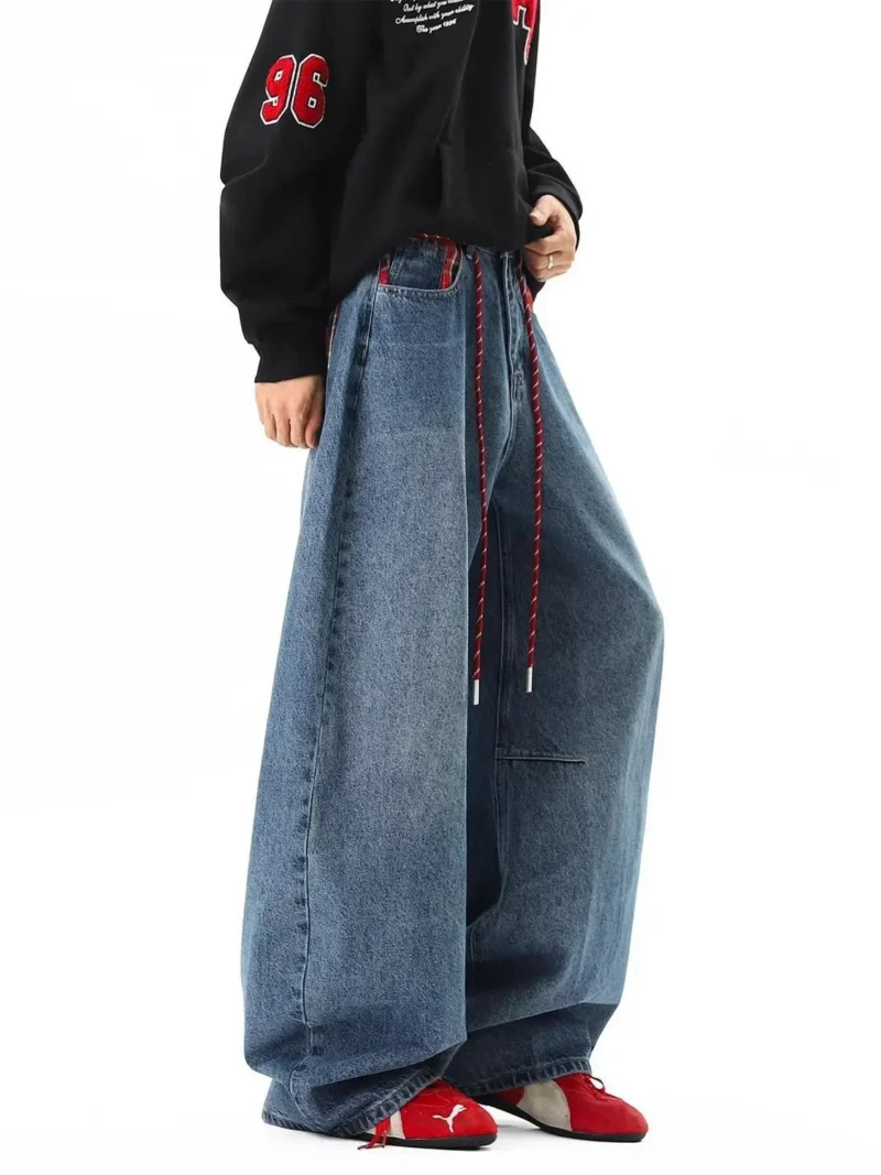 Czerwone jeansy damskie baggy z wysokim stanem, z kieszeniami, w kratę