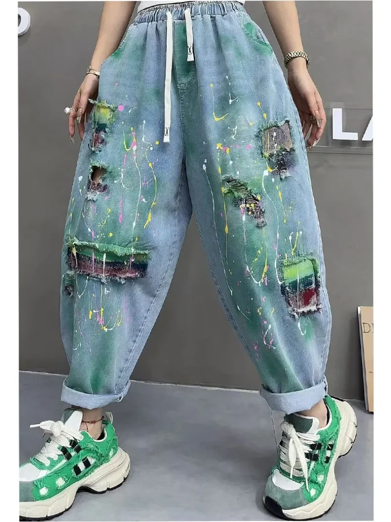 Jeansy damskie baggy z wysokim stanem, plus size, z przetarciami