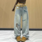 Jeansy damskie baggy z haftem, w stylu Y2K