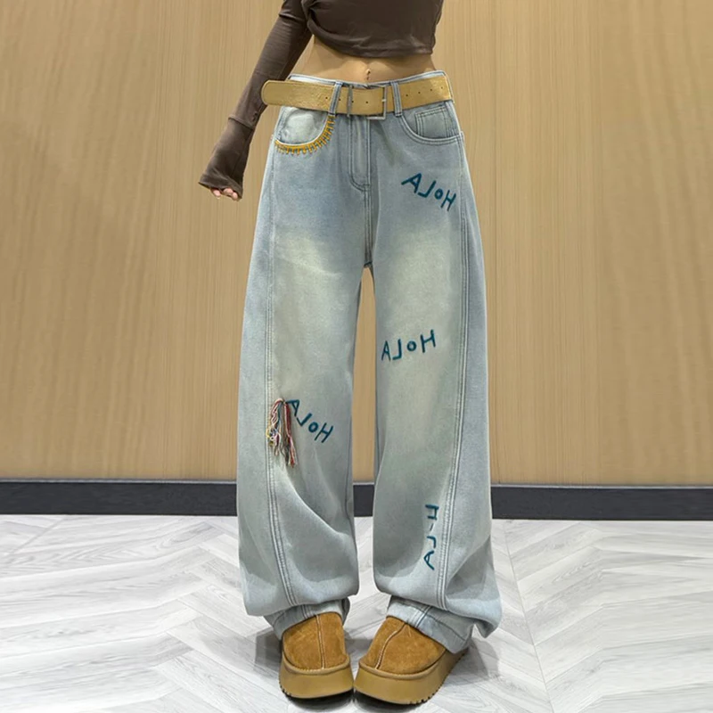 Jeansy damskie baggy z haftem, w stylu Y2K