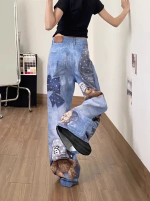 Niebieskie jeansy damskie baggy z nadrukiem graffiti, w stylu Y2K