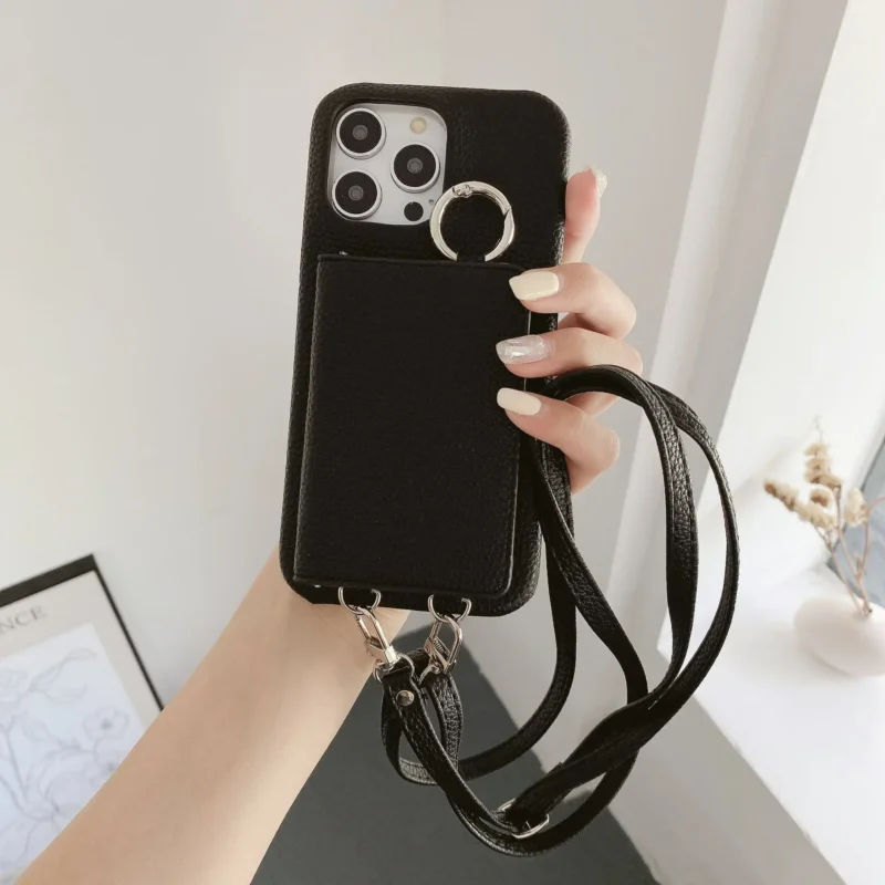 Etui na telefon z portfelem na karty, z paskiem, z lusterkiem, z uchwytem