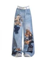 Niebieskie jeansy damskie baggy z nadrukiem graffiti, w stylu Y2K