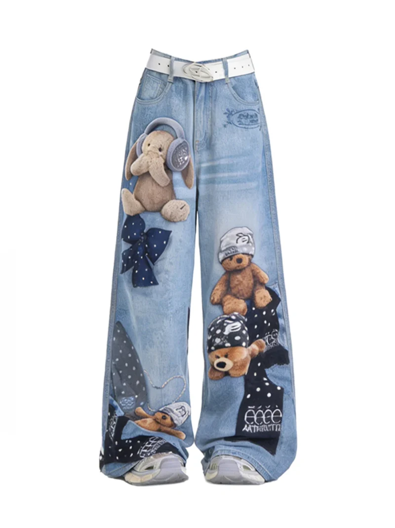 Niebieskie jeansy damskie baggy z nadrukiem graffiti, w stylu Y2K