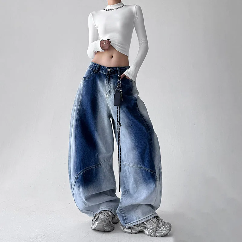 Niebieskie jeansy damskie baggy, w stylu Y2K