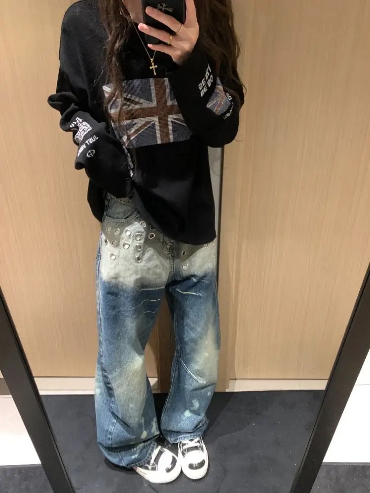 Jeansy damskie wide leg z przetarciami, w stylu streetwear
