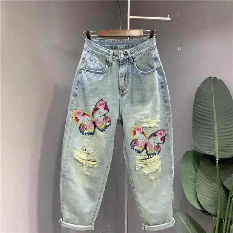 Jeansy damskie baggy plus size, z haftem, z przetarciami, w stylu retro
