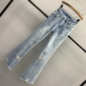 Jeansy damskie slim fit z wysokim stanem, z elastycznego denimu, z haftem