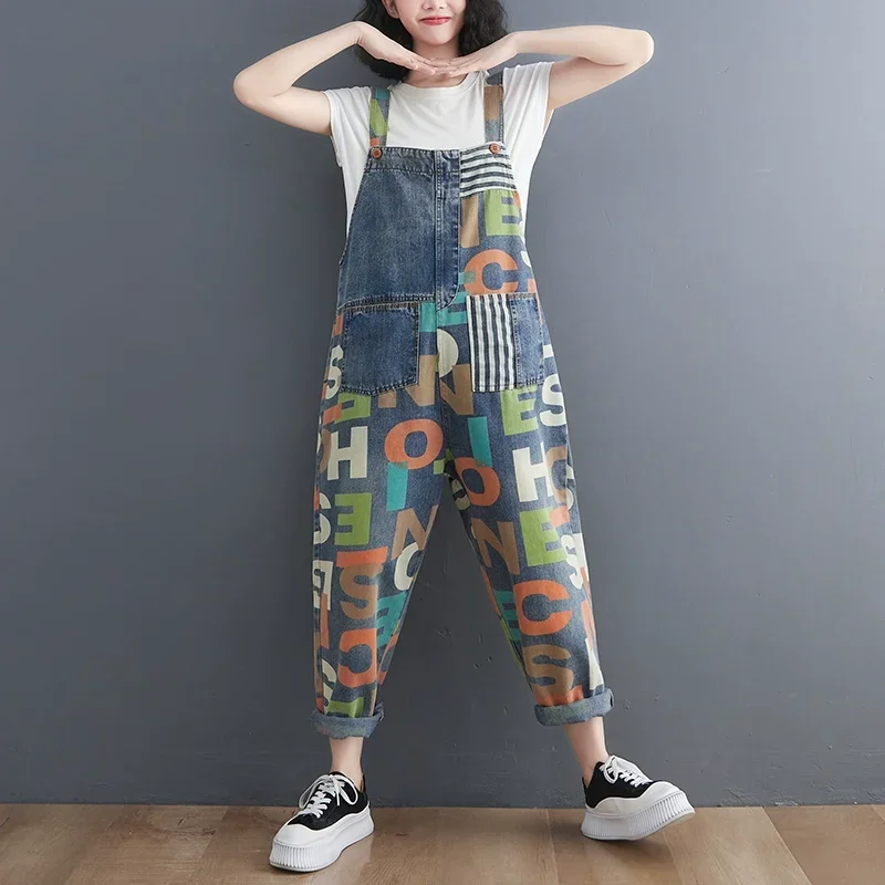 Jeansy damskie baggy z kieszeniami, z nadrukiem, w stylu retro