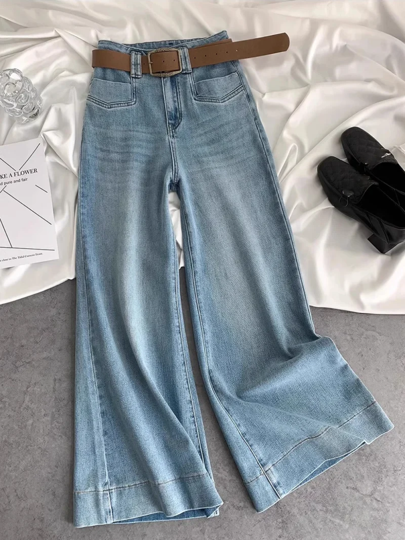 Niebieskie jeansy damskie flare z wysokim stanem, w stylu retro