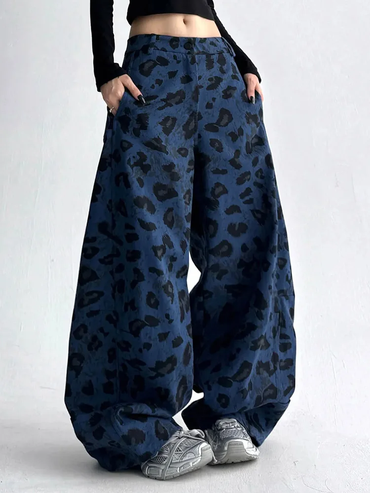 Niebieskie jeansy damskie baggy z wysokim stanem, w panterkę, w stylu Y2K