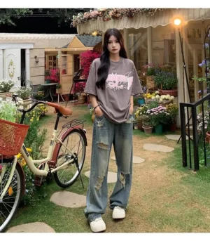 Jeansy damskie baggy z wysokim stanem, z przetarciami, w stylu streetwear