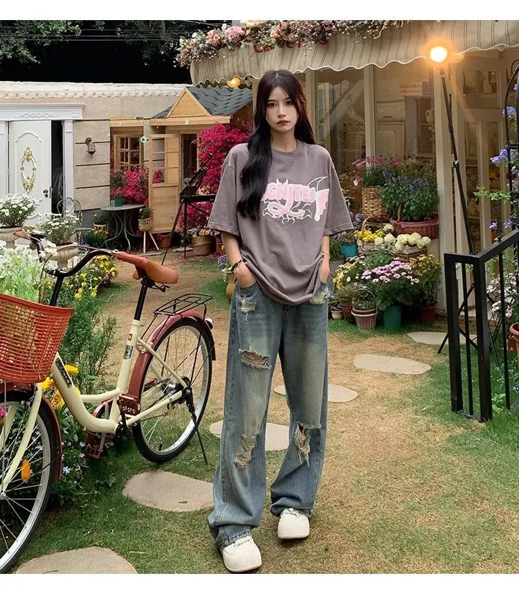 Jeansy damskie baggy z wysokim stanem, z przetarciami, w stylu streetwear